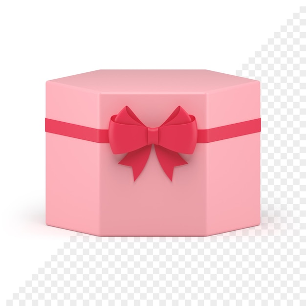 Caixa de presente hexagonal rosa amarrada por fita de laço vermelho recipiente de feriado decorativo ícone 3d ilustração realista