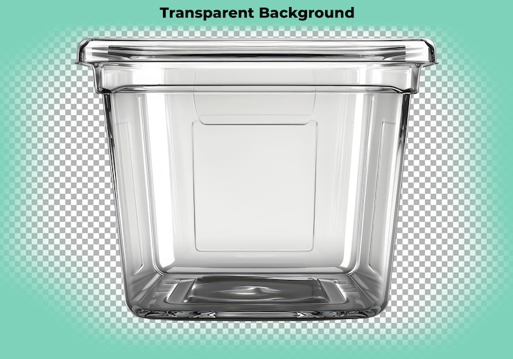 PSD caixa de recipiente de plástico transparente vazia isolada sobre um fundo transparente