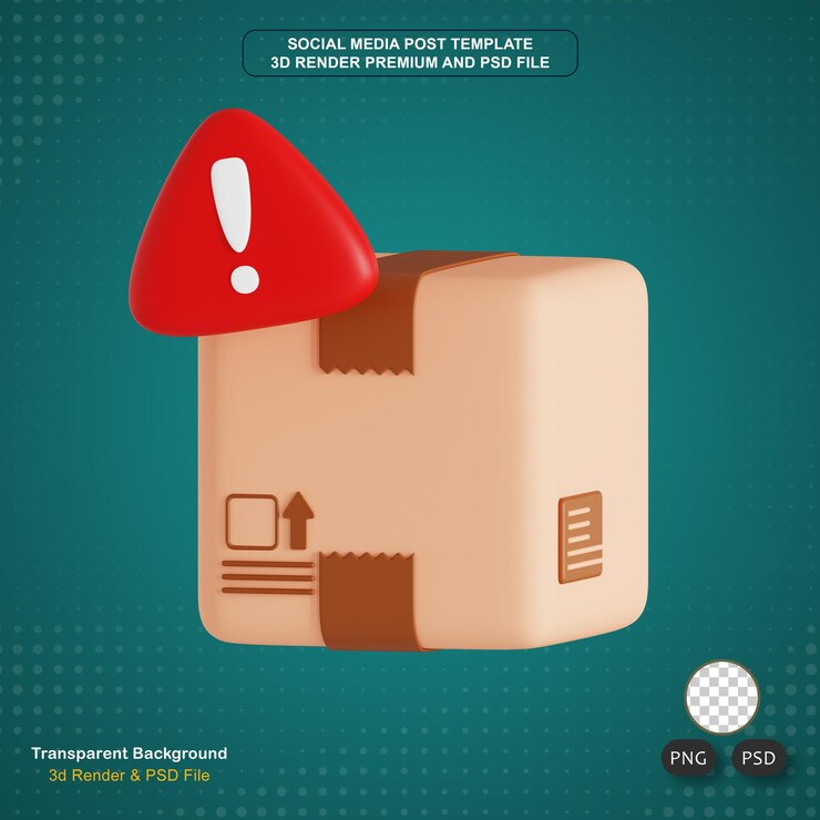 PSD caixão de papelão de advertência ilustração 3d de logística e transporte