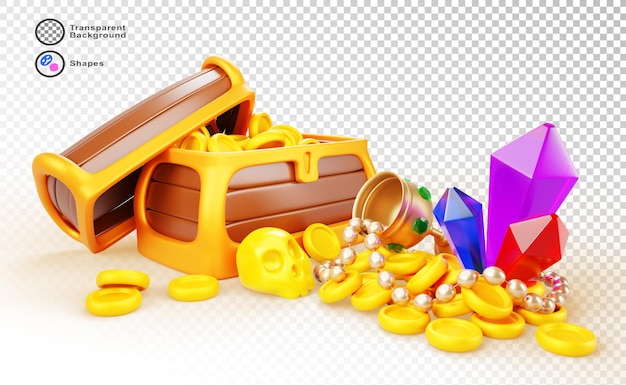 Caixão do tesouro e um monte de moedas de ouro jóias e pedras preciosas 3d render desenho animado isolado caixa de madeira pirata com dinheiro pilha de diamantes colar de pérolas copo com pedras preciosas e crânio