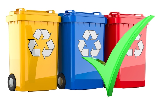 Caixas de lixo de reciclagem coloridas com marca de verificação verde renderização 3D isolada em fundo transparente
