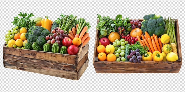 Caixas de madeira com legumes frescos isolados sobre um fundo transparente