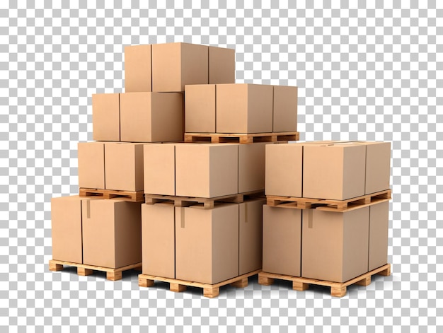 Caixas de papelão em paletes isoladas sobre fundo transparente png psd