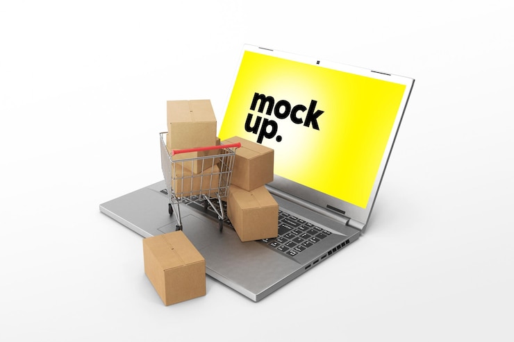 PSD caixas de papelão em uma tela de laptop que diz mock up.