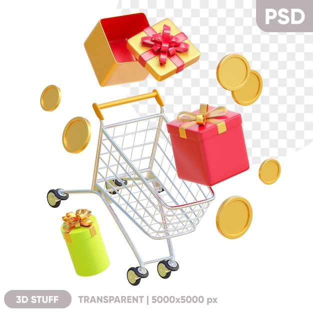 PSD caixas de presente no carrinho de compras com moedas em um fundo transparente ilustração 3d de panfleto de banner de compras e finanças