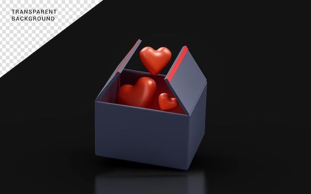 caja abierta con signo de corazón sobre fondo oscuro 3d render concepto para caja de regalo de romance encantador