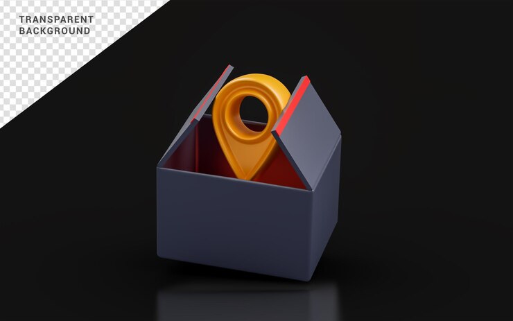 PSD caja abierta con signo de marca de ubicación sobre fondo oscuro concepto de presentación 3d para la ubicación de entrega del producto