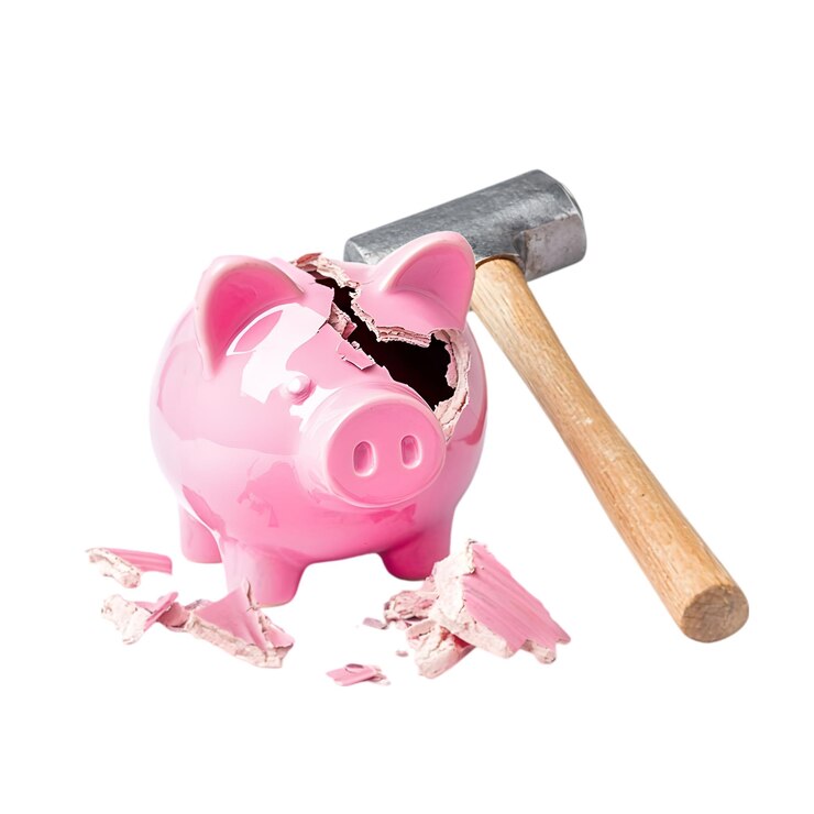 PSD caja de ahorros rosada rota con martillo que simboliza el ahorro, la crisis financiera y la gestión del dinero