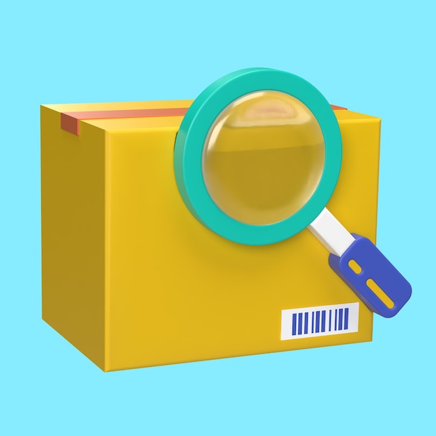 Caja amarilla 3D con lupa azul