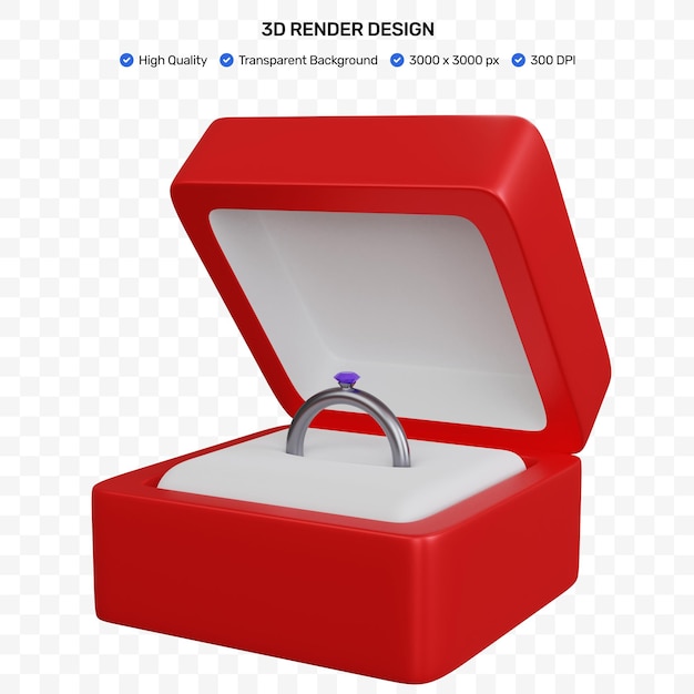 Caja de anillo rojo de renderizado 3d con un anillo dentro aislado