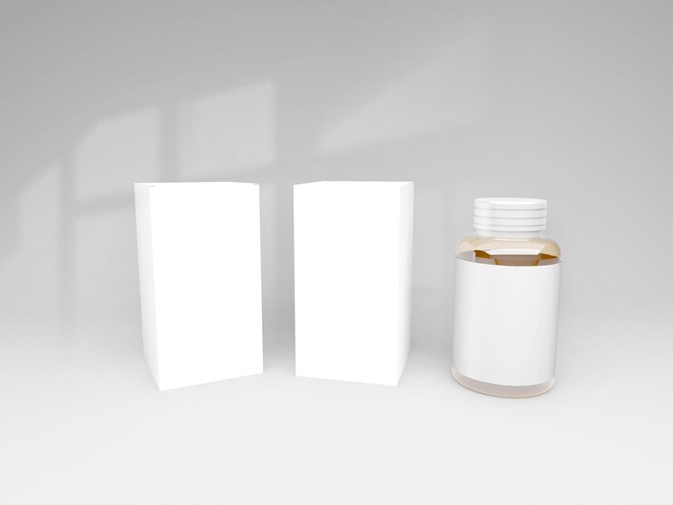 PSD una caja blanca con una pequeña botella de perfume a su lado