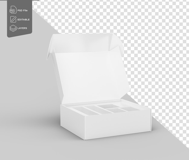 Caja de cartón blanca Exposición abierta Maqueta de diseño moderno elegante para la exhibición de productos Ilustración 3D