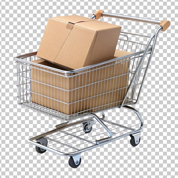 caja de cartón en el carrito de compras sobre un fondo transparente