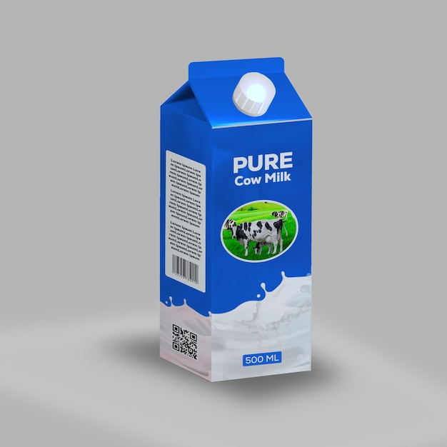 Caja de cartón de leche pura aislada en blanco 3d render box