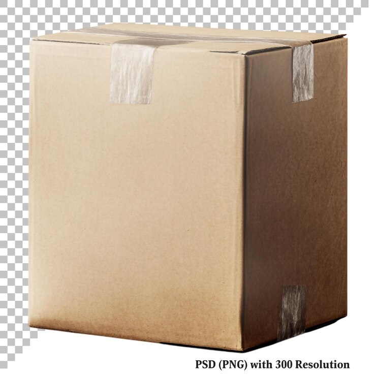 PSD caja de cartón marrón de alta resolución con cinta de embalaje aislada sobre un fondo transparente