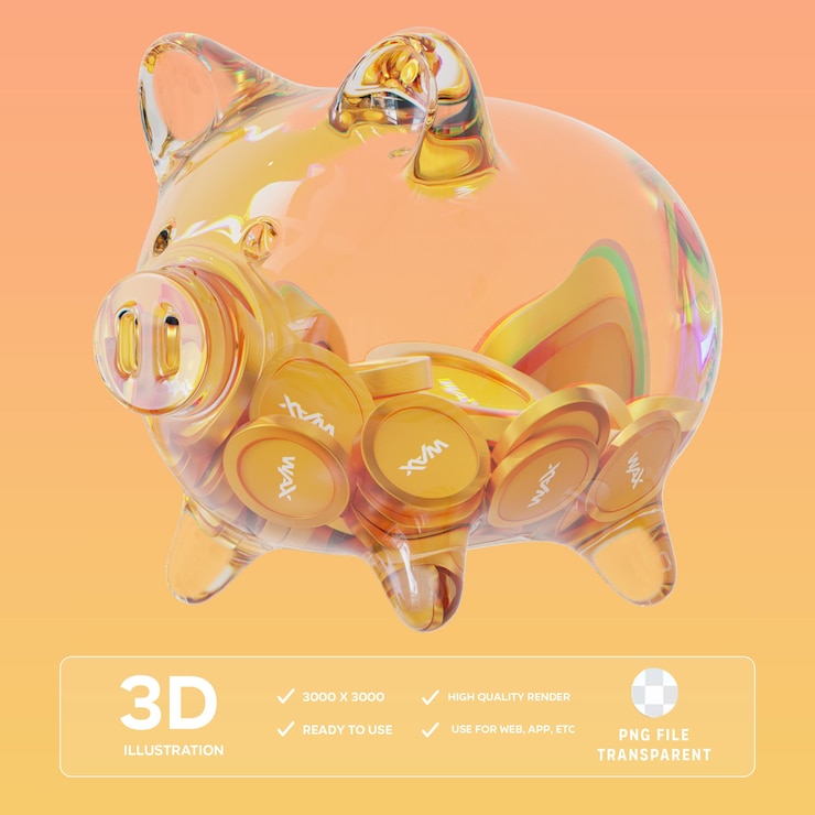Caja de cerdos de vidrio transparente de PSD con pilas decrecientes de monedas criptográficas Ilustración 3D