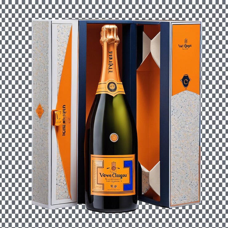PSD caja de champán veuve clicquot con naranja y azul vibrantes aislados sobre un fondo transparente