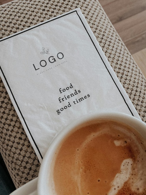 una caja de comida está abierta a una taza de café