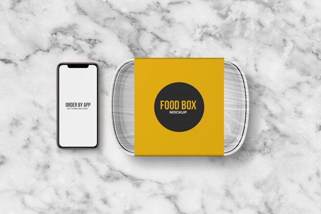 Caja de comida para llevar con maqueta de teléfono inteligente