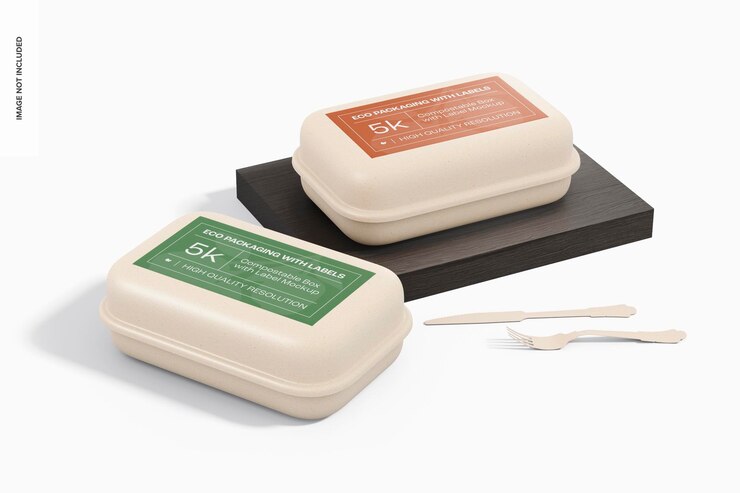 PSD caja compostable con maqueta de etiqueta, en podio