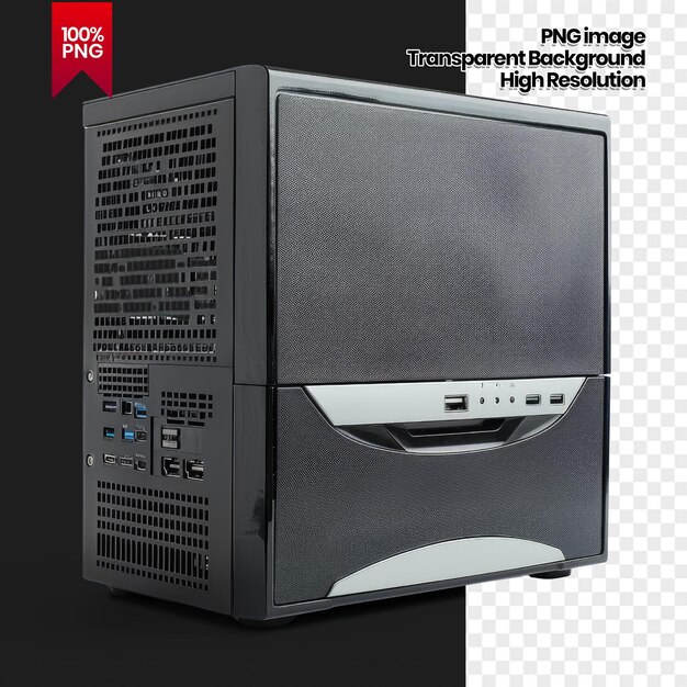 Caja de computadora negra con múltiples puertos y un frente texturizado