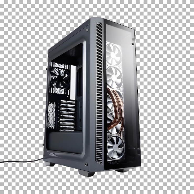 PSD caja de computadora con panel lateral de vidrio sobre un fondo transparente