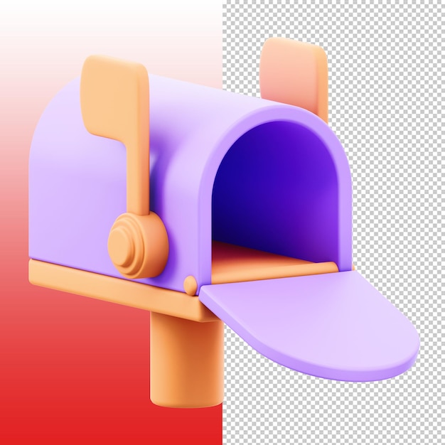 Caja de correo de dibujos animados en 3D con la bandera levantada y abierta