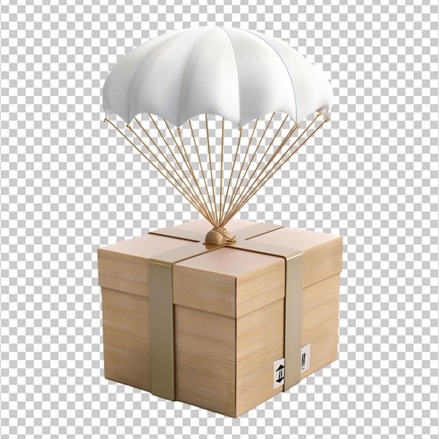 Caja de entrega 3d con paracaídas en fondo blanco