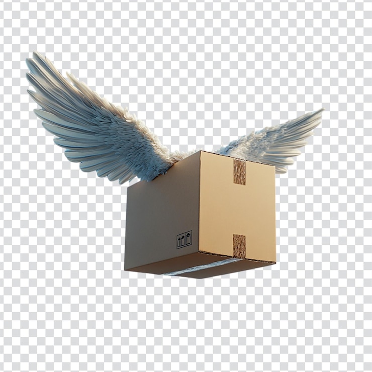 PSD una caja de entrega con alas volando en el aire contra un fondo transparente en el fondo