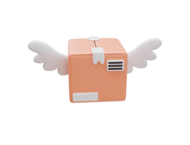 Caja de entrega de cartón con icono 3D con alas Concepto de entrega de compras Diseño de ilustración 3D Web