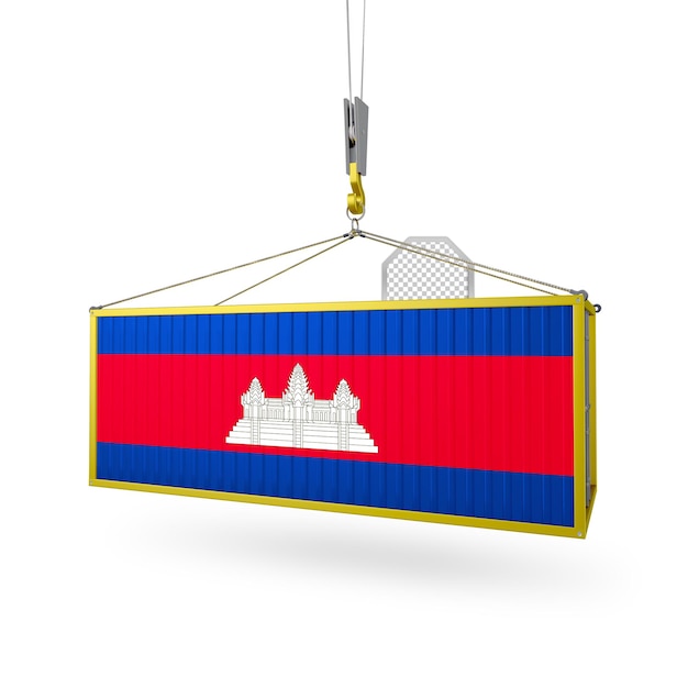 Caja de envío de contenedor con modelo de bandera de Camboya aislado archivo psd de renderización 3D