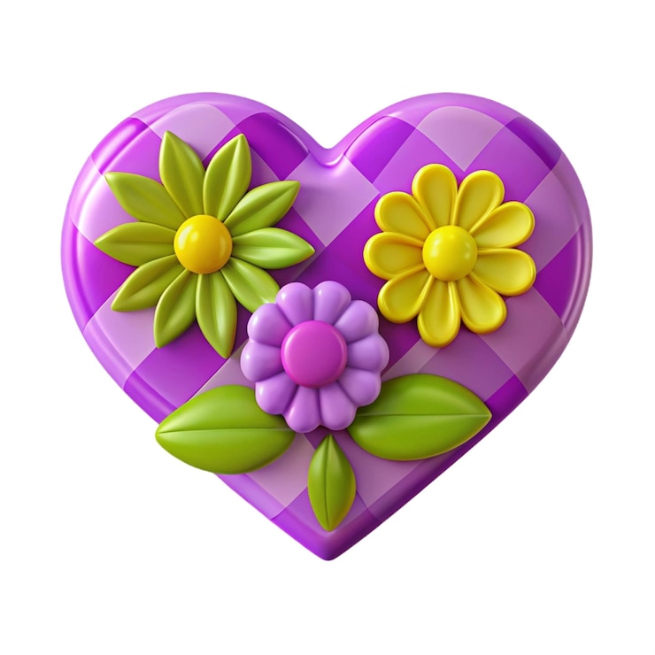 PSD una caja en forma de corazón con flores y un corazón púrpura con hojas amarillas y verdes