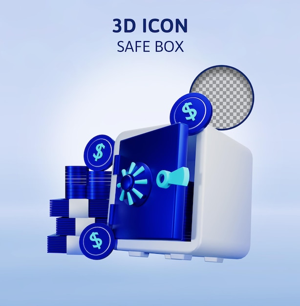 PSD caja fuerte con monedas de dólar ilustración 3d