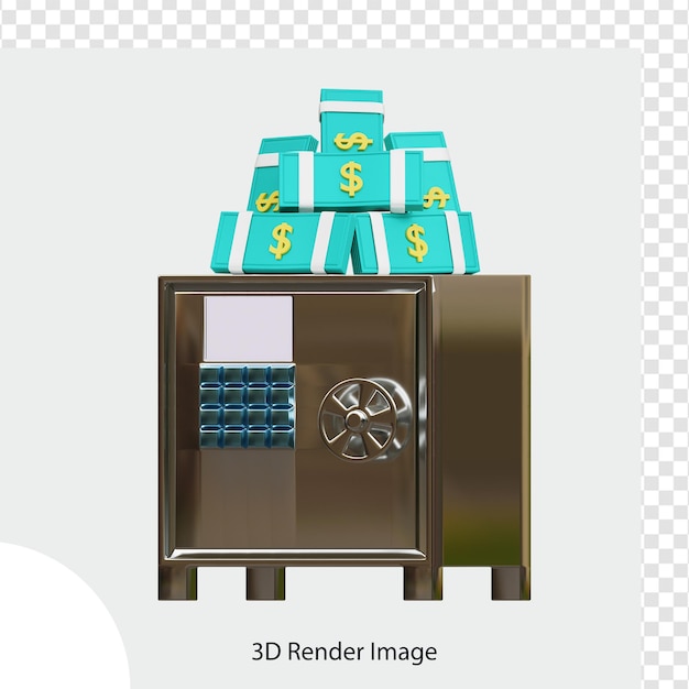 PSD caja fuerte con pila de billetes de dólar ilustración 3d