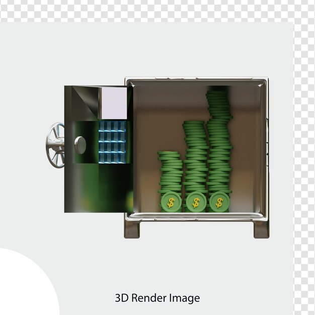 Caja fuerte con pila de monedas de dólar ilustración 3d