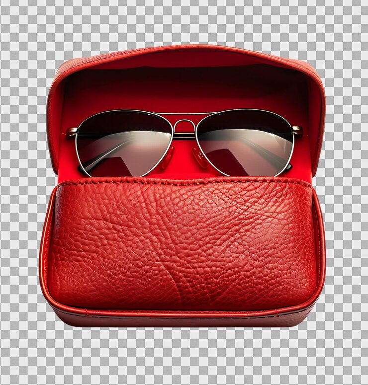 PSD caja de gafas rojas con gafas en el interior sobre un fondo transparente