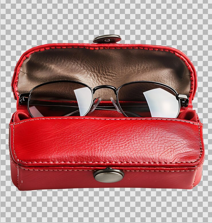 PSD caja de gafas rojas con gafas en el interior sobre un fondo transparente
