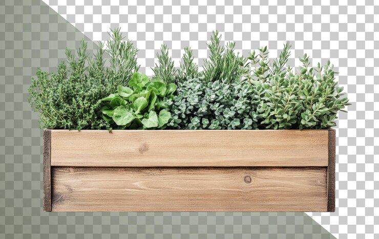 PSD caja de hierbas frescas de cocina con romero, albahaca y tomillo para cocinar saludable