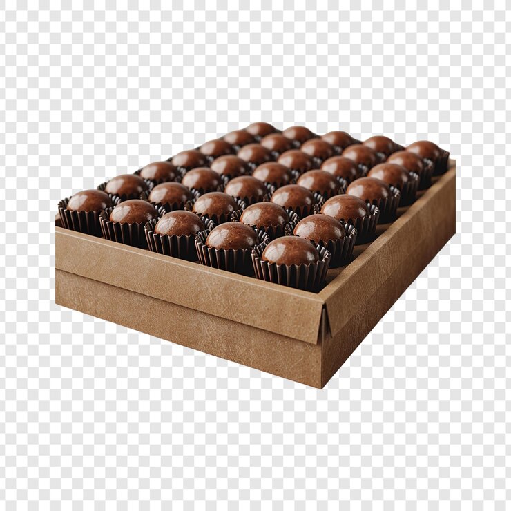 PSD caja kraft con maquillaje de dragee en un fondo transparente