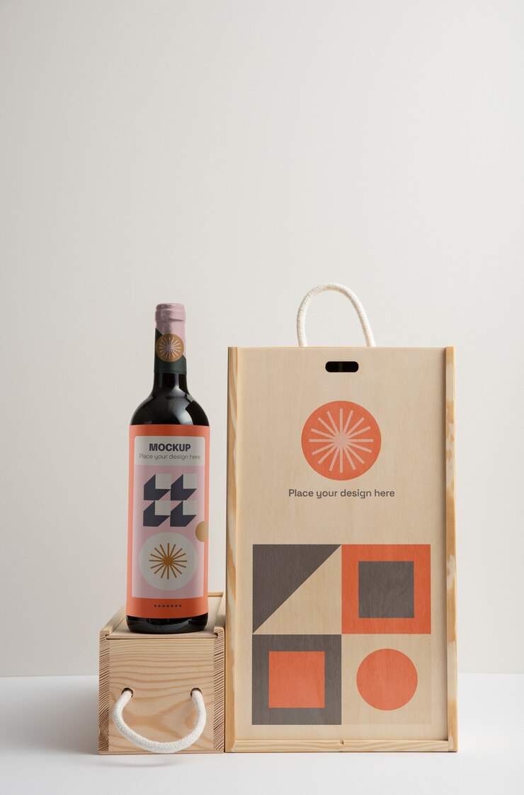 PSD caja de madera para arreglo de vino y botella