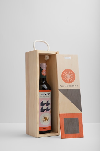 PSD caja de madera y botella de vino