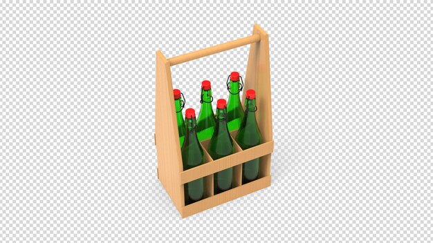 Una caja de madera con botellas verdes de cerveza sobre fondo transparente