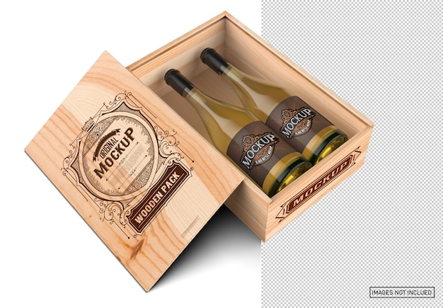 PSD caja de madera con botellas de vino blanco