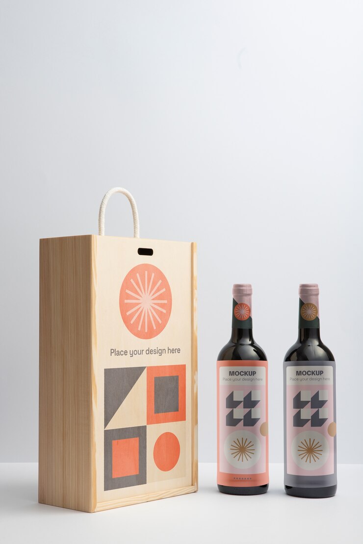 PSD caja de madera y botellas de vino.