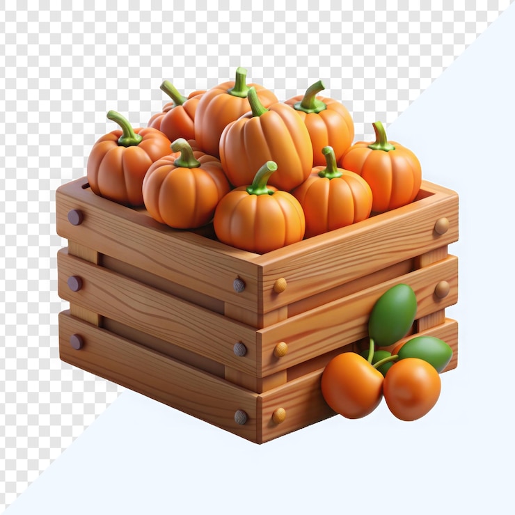 PSD caja de madera de calabazas naranjas brillantes y naranjas verdes que simbolizan la temporada de cosecha de otoño