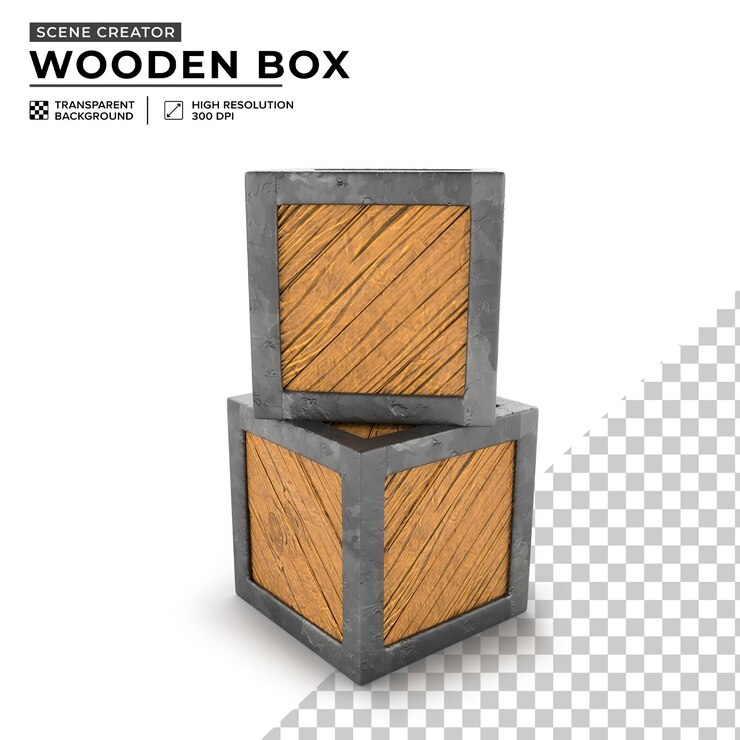 PSD caja de madera cerrada con dibujos animados de hierro apilados en el fondo de la ilustración