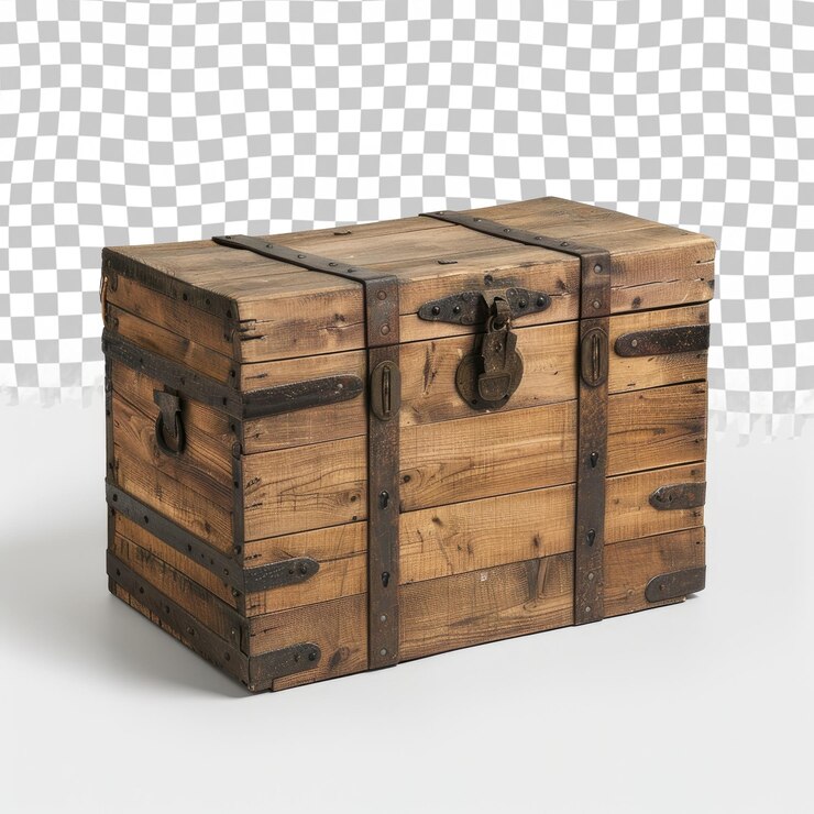 PSD una caja de madera con una cerradura en ella se sienta en un fondo blanco