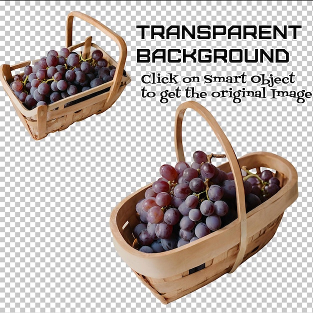 Caja de madera clara con racimo de uvas aisladas sobre fondo transparente