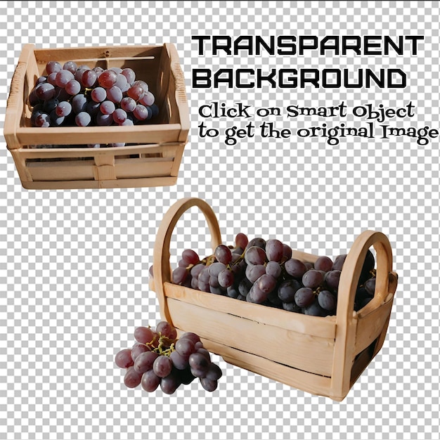 Caja de madera clara con racimo de uvas aisladas sobre fondo transparente