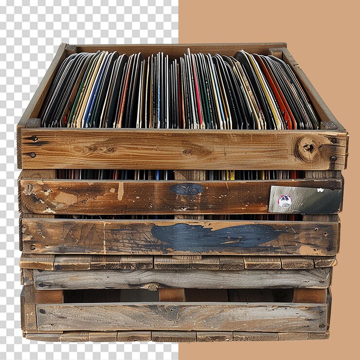 PSD una caja de madera de discos de vinilo aislados en un fondo transparente